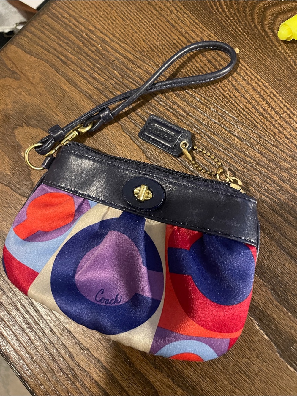 Coach Multicolor Circle OP Art Sateen Print Wristlet with Navy Trim